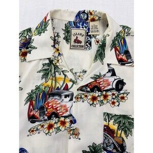 Vtg Island Collection Hawaiian Shirt Mens L Hot Rod Classic Cars Flames Rayon